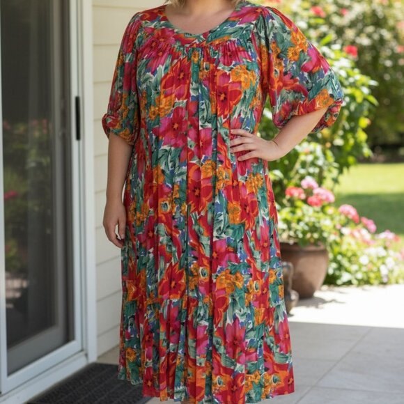 Erika Taylor Sport Floral Colorful Rayon Lounge Dress 1X - Picture 1 of 16